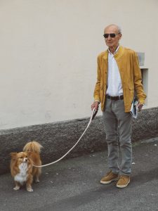 bologna street style older gentleman yellow dog